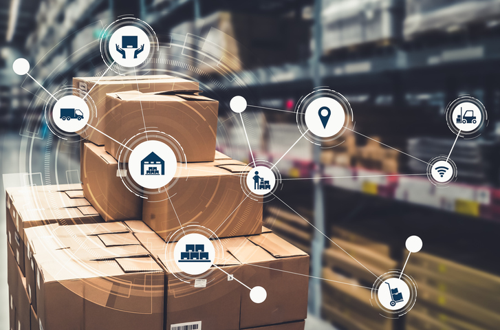 Smart warehouse management system with innovative internet of things technology to identify package picking and delivery . Future concept of supply chain and logistic network business .